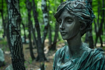 Bronze bust of a woman in a lush forest setting, creating a serene and artistic atmosphere