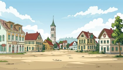 A cartoon illustration of a quaint European town square with cobblestone streets, charming houses, and a church steeple in the background, all under a bright blue sky.