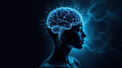 Fototapeta premium AI-generated human head with glowing blue brain, showcasing advanced technology.