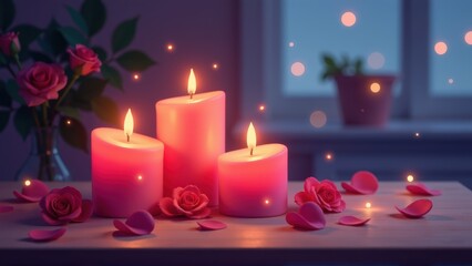Romantic Pink Candles and Roses at Night
