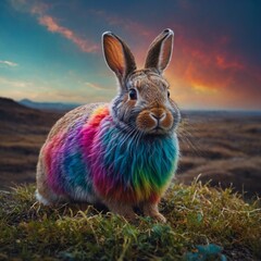 A rainbow-colored rabbit in a surreal, dreamlike landscape with swirling patterns.