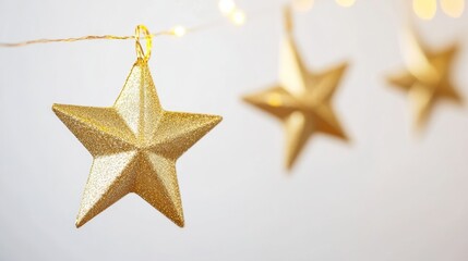 Fototapeta premium Close-up of golden star garland strung across soft white background, glowing and festive, subtle shadows, holiday and celebration decor, minimalist yet elegant design