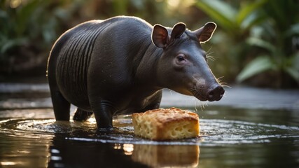 Fototapeta premium A tapir standing in water with a piece of bread, surrounded by lush greenery.