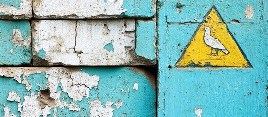 Weathered wall, bird warning sign, peeling paint, urban texture