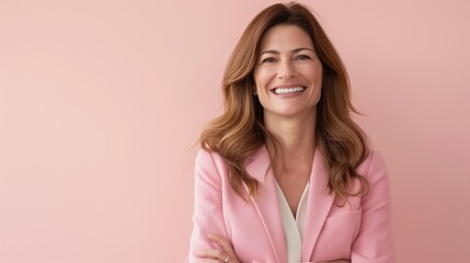 Fototapeta premium Portrait of a beautiful mature older corporate woman against a pink background with copy space
