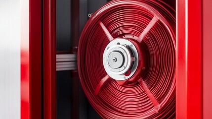 Fire hose building industrial. A close-up of a red fire hose reel, showcasing the coiled hose and central drum, emphasizing its functional design for emergency response.