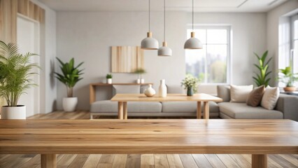 Fototapeta premium Empty wooden table in minimalist living room setting