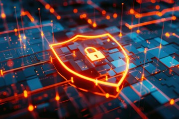 glowing orange lock and shield over a blue circuit board