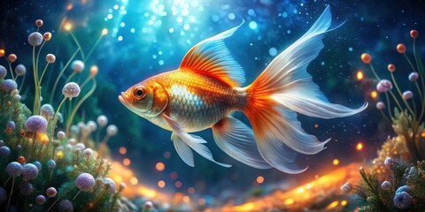 Fototapeta premium A luminous goldfish swims gracefully amidst glowing aquatic flora, its vibrant scales shimmering in an underwater paradise.