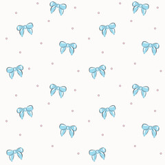 Vector illustration. Seamless pattern of blue bows on a light background with dots. Girly background, cute fabric design, postcard template, wallpaper, website, banner