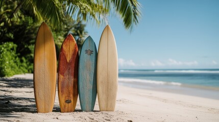 Four colorful wooden surfboards stand proudly on a sandy beach under the sun beside the gentle waves of the ocean, showcasing the art of surfing in this tropical paradise