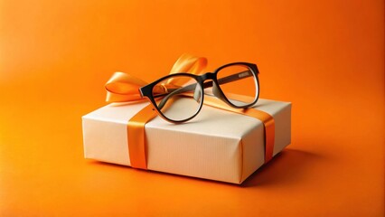 A thoughtfully presented gift of eyeglasses, resting on a beige package adorned with an orange ribbon, against a vibrant orange backdrop