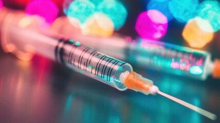 Syringes placed against a background of colorful lights highlight the importance of vaccination in public health initiatives