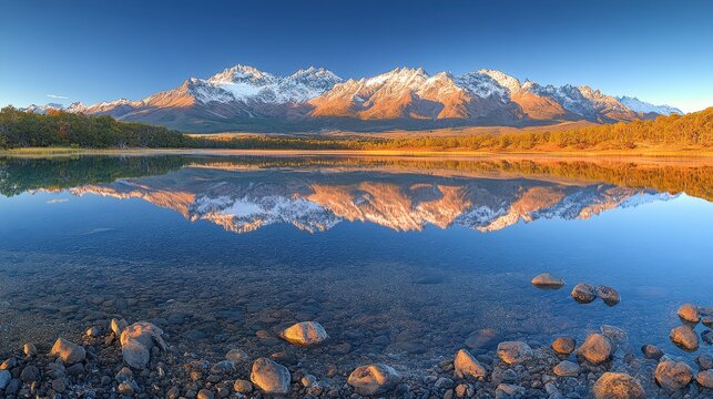 Golden hour reveals a breathtaking panoramic view of a mountain range reflecting in a serene lake with vibrant colors showcasing nature's beauty at twilight