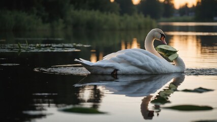 Fototapeta premium A serene scene of two swans gliding on water at sunset, one holding a piece of greenery.