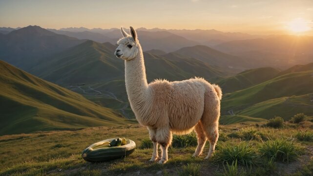 A llama stands on a hillside at sunset, beside a green inflatable object. - Powered by Adobe