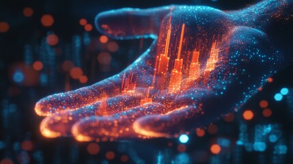 Close-up of hand with glowing holographic financial growth, high-tech and futuristic, dynamic and vibrant, economic visualization, trust and partnership, high detail