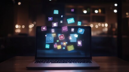 Laptop screen with floating digital application icons on a desk with a blurred background