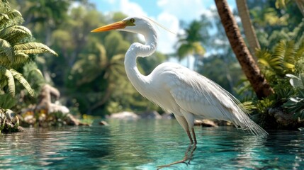 Fototapeta premium Realistic Heron Wading in Crystal Clear Wetland Stream, Lush Aquatic Plants Surround, Symbolizing Restored Habitats and Thriving Biodiversity High-Resolution Image of a Great Egret in a Pristine
