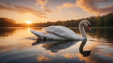 Fototapeta premium A serene swan glides across a reflective lake at sunset, showcasing nature's beauty.