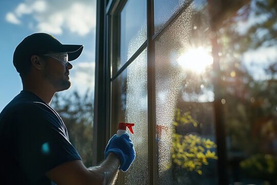 Professional window cleaner spraying cleaning solution onto a large glass pane, working in sunlight