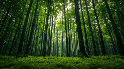 Dense Green Forest with Tall Trees and Lush Vegetation in Sunlight : Generative AI