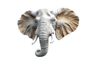 stylized. three-dimensional representation of an elephant's head. showcasing intricate details in its ears and trunk. designed to appear as a wall-mounted sculpture the artwork combines realism with a
