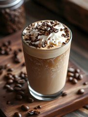 Delicious Iced Coffee with Whipped Cream and Chocolate Shavings in a Rustic Wooden Cafe Setting : Generative AI