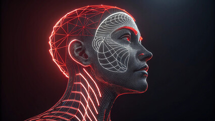 Obraz premium On a deep blue background, a 3D-rendered digital human head is highlighted with neon contour lines that mimic the distinctive swirls of a fingerprint. idea of digital security and identification that 