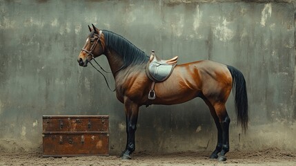 Saddled brown horse stabled, rustic wall background, vintage trunk, equestrian