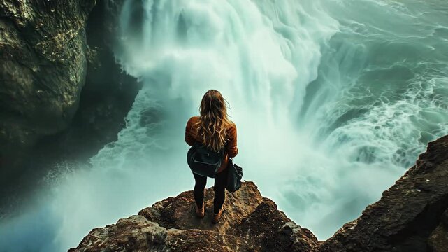 Drone view on a woman stands on the edge of a cliff with a view on a rough waves