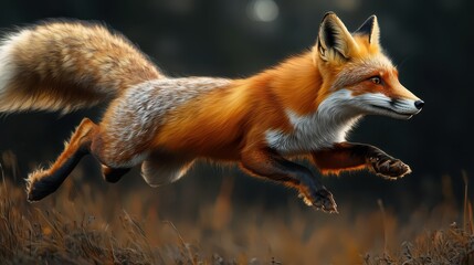 Fototapeta premium Red fox leaps gracefully through a field with a long flowing tail, capturing a moment of agility and spirit in its natural habitat during a serene afternoon