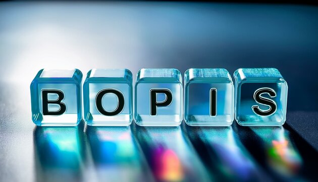 オンラインで購入、店舗で受け取りを意味する英語のフレーズBuy Online, Pick up In Storeの略語BOPISの文字が書かれた透明なキューブブロックが横に並んでいる。aiで生成	