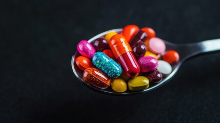 A silver spoon holds a vibrant collection of pills in different colors, shapes, and sizes, contrasting against a dark backdrop