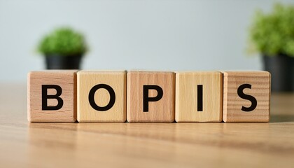 オンラインで購入、店舗で受け取りを意味する英語のフレーズBuy Online, Pick up In Storeの略語BOPISの文字が書かれた木製のキューブブロックが横に並んでいる。aiで生成	