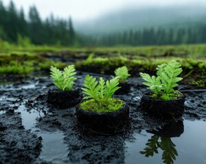 Witnessing the Rebirth A Peatland Restoration Scene Showcasing Vibrant Moss, Waterlogged Ground, and the Flourishing Rare Biodiversity Found in Wetland Preservation Efforts A Glimpse into the
