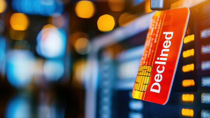 Credit card with red declined stamp on digital transaction screens, symbolizing payment fraud and financial security risks in online transactions.
