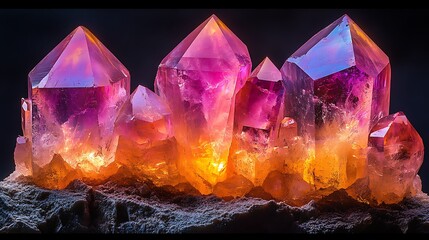 Amethyst Geode Cluster:  A captivating cluster of amethyst geodes, glowing with vibrant purple and orange hues, sits majestically on a dark rock, creating a stunning display of natural beauty.