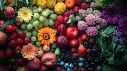 Colorful assortment of fresh fruits and vibrant flowers arranged on a table in a sunny kitchen setting, showcasing nature's bounty at any time of day