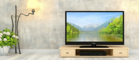 Fototapeta premium Flat-screen TV shows scenic lake view in modern living room with floor lamp