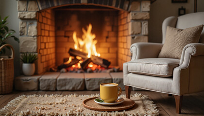 Comfortable armchair and coffee cup by glowing fireplace