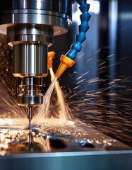 CNC milling machine processing on steel with cooling