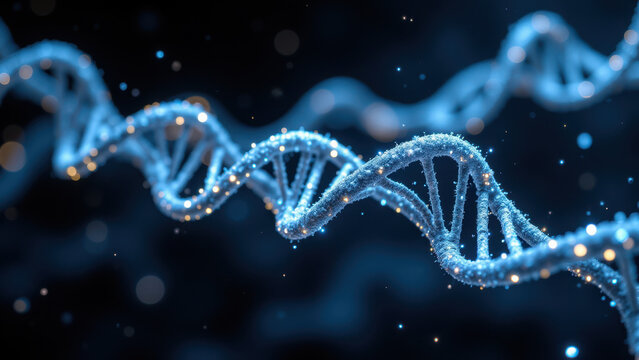 An artistic representation of DNA strands with an AI tech theme.