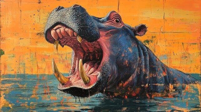 Roaring Hippopotamus River Art Abstract Background