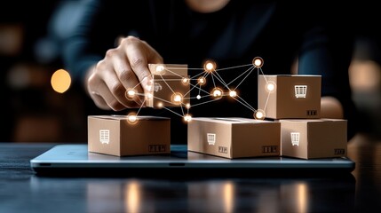 Illustration shows a network design featuring icons on cardboard boxes in a warehouse, highlighting logistics and supply chain processes