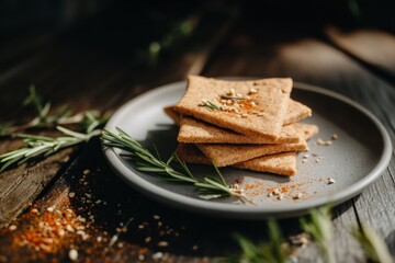 Bulgur crackers with paprika and rosemary on ceramic plate with crumbs