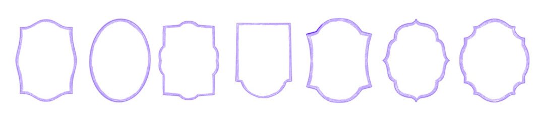 Violet scribble frame set, pencil doodle border vector design, romantic cute hand drawn wedding kit. Wax crayon hatched texture shield, abstract geometric grunge shape elements. Vintage scribble frame