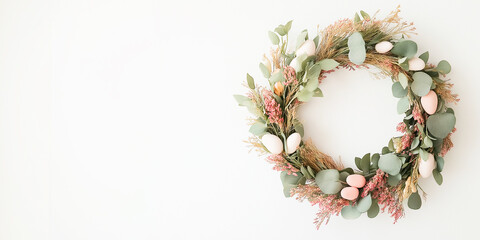 Minimal spring wreath with eucalyptus and flowers, white background