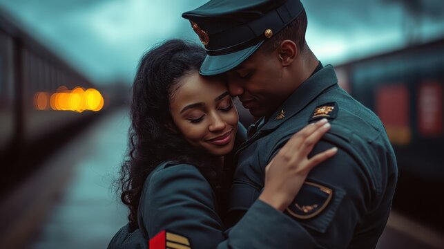 Soldier and partner share a tender embrace at a train station during twilight as they cherish a moment of connection before departure
