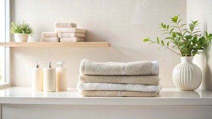 Stack of Soft Bath Towels on a Bathroom Countertop with Plants and Soap Dispensers